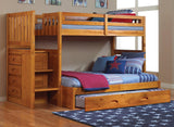 American Furniture Classics Model 2114-TF-TRUND, Solid Pine Mission Staircase Twin over Full Bunk Bed with Four Drawer Chest and Roll Out Twin Trundle Bed in Warm Honey