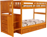 American Furniture Classics Model 2114-TT-K3-KD, Solid Pine Mission Staircase Twin over Twin Bunk Bed with Seven Drawers in Warm Honey