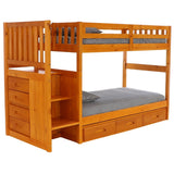 American Furniture Classics Model 2114-TT-K3-KD, Solid Pine Mission Staircase Twin over Twin Bunk Bed with Seven Drawers in Warm Honey