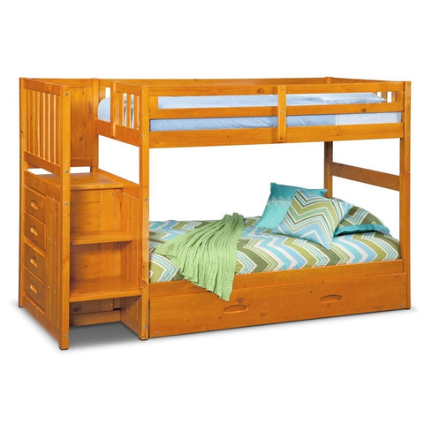 American Furniture Classics Model 2114-TT-TRUND, Solid Pine Mission Staircase Twin over Twin Bunk Bed with Four Drawer Chest and Roll Out Twin Trundle Bed in Warm Honey