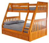 American Furniture Classics Model 2118-K3-KD, Solid Pine Mission Twin over Full Bunk Bed with Three Drawers in Warm Honey