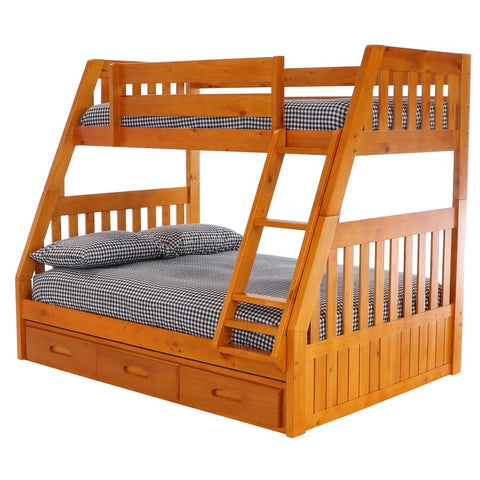 American Furniture Classics Model 2118-K3-KD, Solid Pine Mission Twin over Full Bunk Bed with Three Drawers in Warm Honey