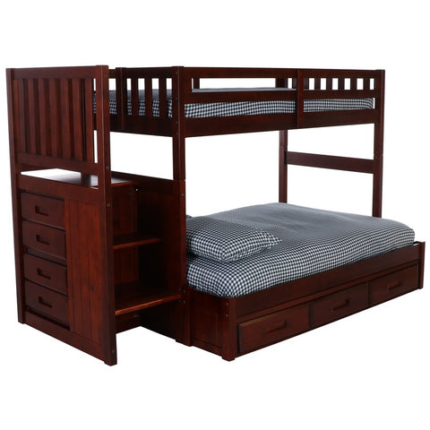 American Furniture Classics Model 2814-TF-K3-KD, Solid Pine Mission Staircase Twin over Full Bunk Bed with Seven Drawers in Rich Merlot.
