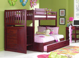 American Furniture Classics Model 2814-TF-TRUND, Solid Pine Mission Staircase Twin over Full Bunk Bed with Four Drawer Chest and Roll Out Twin Trundle Bed in Rich Merlot.