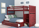 American Furniture Classics Model 2814-TF-TRUND, Solid Pine Mission Staircase Twin over Full Bunk Bed with Four Drawer Chest and Roll Out Twin Trundle Bed in Rich Merlot.