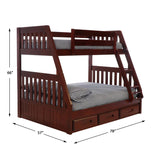 American Furniture Classics Model 2818-K3-KD, Solid Pine Mission Twin over Full Bunk Bed with Three Drawers in Rich Merlot.