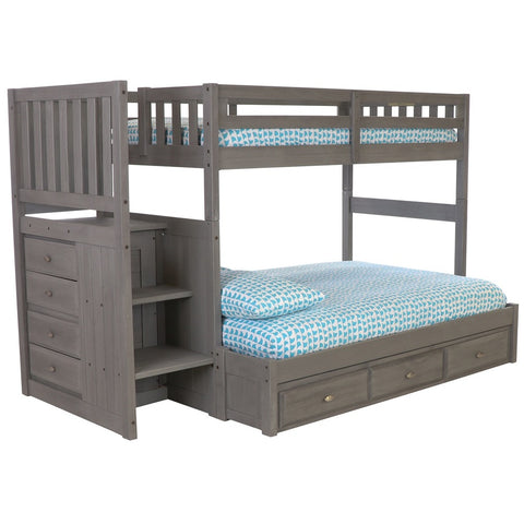 American Furniture Classics Model 3214-TF-3-KD Solid Pine Mission Staircase Twin over Full Bunk Bed with Seven Drawers in Charcoal Gray