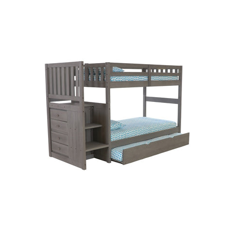 American Furniture Classics Model 3214-TT-TRUND, Solid Pine Mission Staircase Twin over Twin Bunk Bed with Four Drawer Chest and Roll Out Twin Trundle Bed in Charcoal Gray