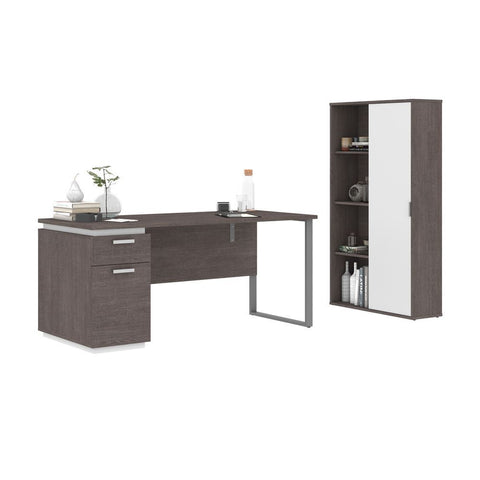 Bestar Aquarius 2-Piece Set Including a Desk with Single Pedestal and a Storage Unit with 8 Cubbies in bark grey & white
