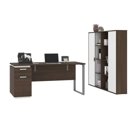 Bestar Aquarius 3-Piece Set Including a Desk with Single Pedestal and Two Storage Units with 8 Cubbies in antigua & white
