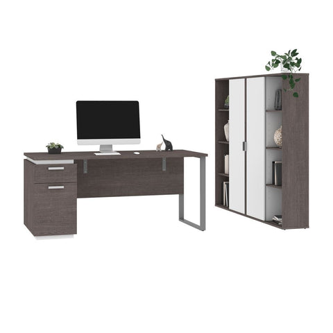 Bestar Aquarius 3-Piece Set Including a Desk with Single Pedestal and Two Storage Units with 8 Cubbies in bark grey & white