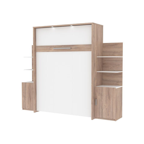 Bestar Cielo 105W Queen Murphy Bed and 2 Storage Units with Doors (104W) in rustic brown & white