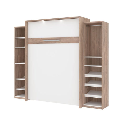 Bestar Cielo 105W Queen Murphy Bed with 2 Storage Cabinets (104W) in rustic brown & white