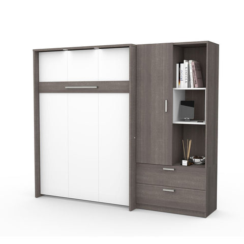 Bestar Cielo Full Murphy Bed with Storage Cabinet (95W) in bark grey & white