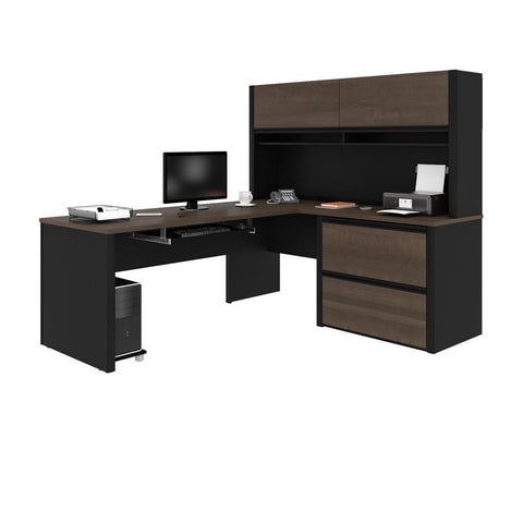 Bestar Connexion 72W L-Shaped Desk with Lateral File Cabinet and Hutch in antigua & black