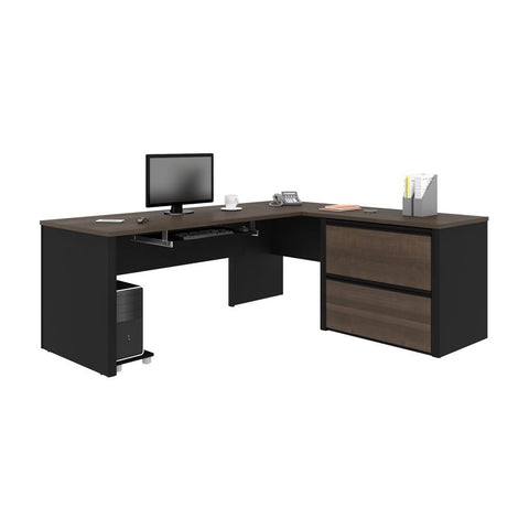 Bestar Connexion 72W L-Shaped Desk with Lateral File Cabinet in antigua & black