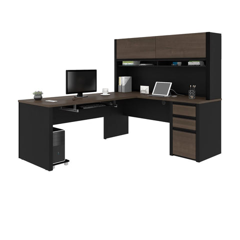 Bestar Connexion 72W L-Shaped Desk with Pedestal and Hutch in antigua & black