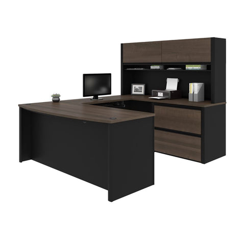 Bestar Connexion 72W U-Shaped Executive Desk with Lateral File Cabinet and Hutch in antigua & black