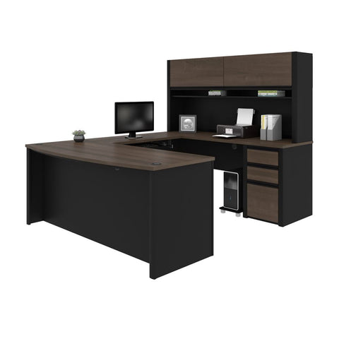 Bestar Connexion 72W U-Shaped Executive Desk with Pedestal and Hutch in antigua & black