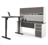 Bestar Connexion L-desk With Hutch Including Electric Height Adjustable Table In Slate & Sandstone