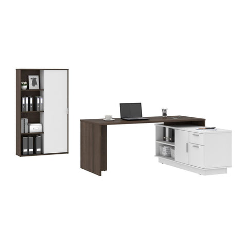 Bestar Equinox 2-Piece Set Including 1 L-Shaped Desk and 1 Storage Unit with 8 Cubbies in antigua & white