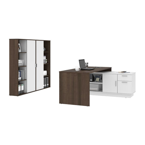 Bestar Equinox 3-Piece Set Including 1L-Shaped Desk and 2 Storage Units with 8 Cubbies in antigua & white