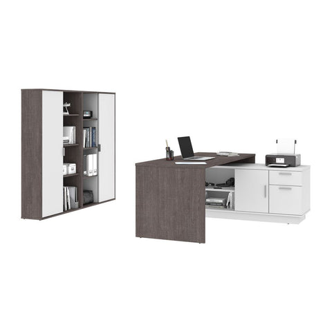 Bestar Equinox 3-Piece Set Including 1L-Shaped Desk and 2 Storage Units with 8 Cubbies in bark grey & white