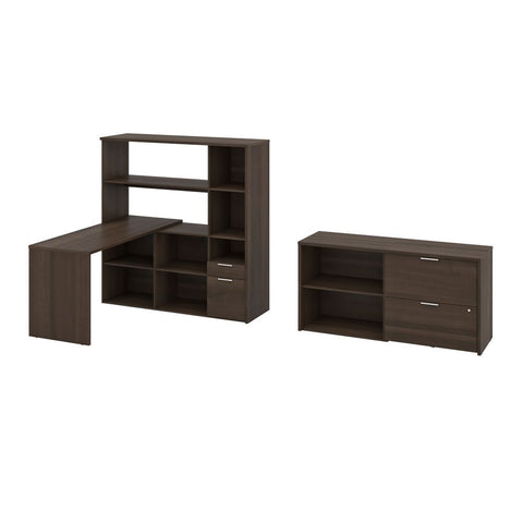 Bestar Gemma 3-Piece Set Including One L-Shaped Desk with Hutch, One Storage Unit, and One Lateral File Cabinet in antigua