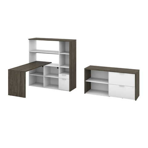 Bestar Gemma 3-Piece Set Including One L-Shaped Desk with Hutch, One Storage Unit, and One Lateral File Cabinet in walnut grey & white