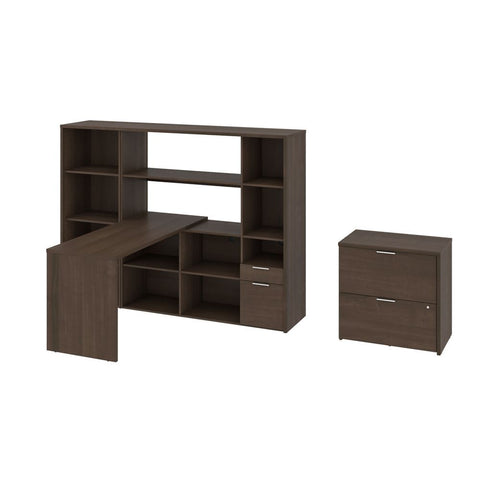 Bestar Gemma 3-Piece Set including an L-Shaped Desk with a Hutch, a Bookcase, and a Lateral File Cabinet in antigua