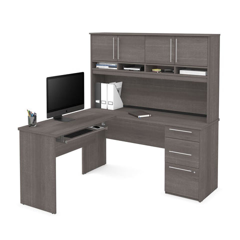 Bestar Innova 59W L-Shaped Desk with Pedestal and Hutch in bark grey