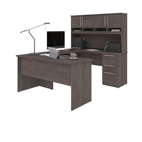 Bestar Innova U or L-Shaped Desk with Hutch in bark grey