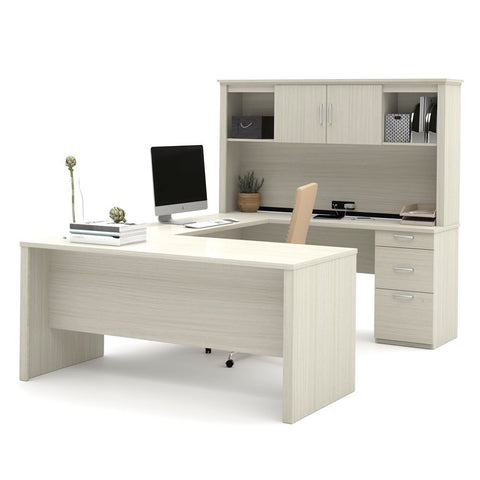 Bestar Logan 66W U or L-Shaped Executive Office Desk with Pedestal and Hutch in white chocolate