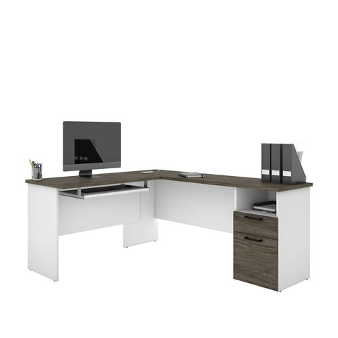 Bestar Norma 71W L-Shaped Desk in walnut grey & white