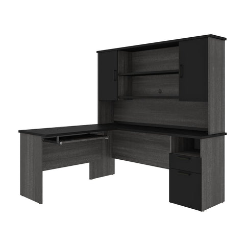 Bestar Norma 71W L-Shaped Desk with Hutch in black & bark gray