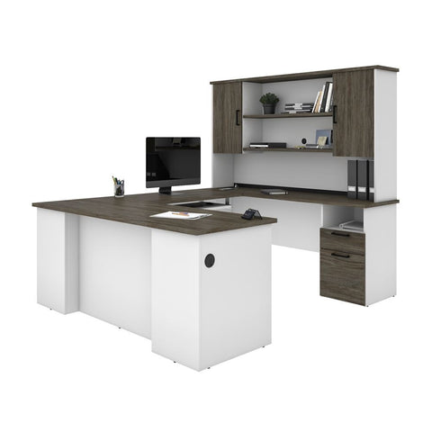 Bestar Norma 71W U or L-Shaped Executive Desk with Hutch in walnut grey & white
