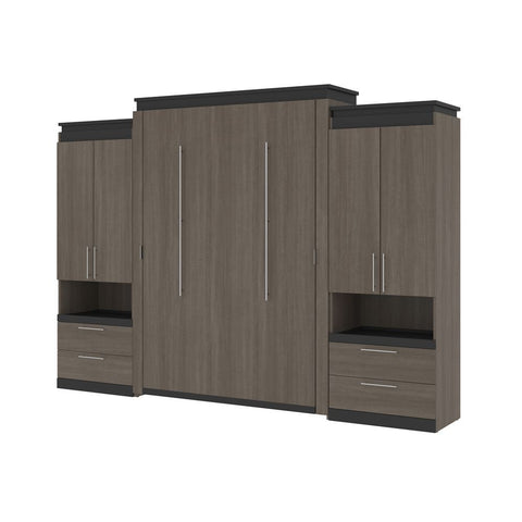 Bestar Orion 124W Queen Murphy Bed and 2 Storage Cabinets with Pull-Out Shelves (125W) in bark gray & graphite