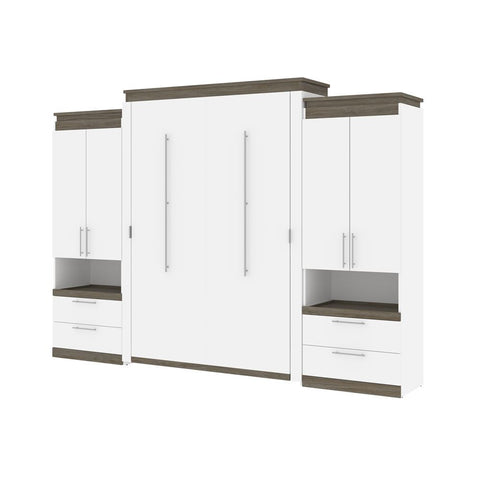 Bestar Orion 124W Queen Murphy Bed and 2 Storage Cabinets with Pull-Out Shelves (125W) in white & walnut grey