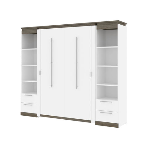 Bestar Orion 98W Full Murphy Bed and 2 Narrow Shelving Units with Drawers (99W) in white & walnut grey