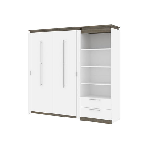 Bestar Orion Full Murphy Bed and Shelving Unit with Drawers (89W) in white & walnut grey