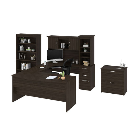 Bestar Outremont U or L-Shaped Desk, 1 Lateral File Cabinet, and 1 Bookcase in dark chocolate