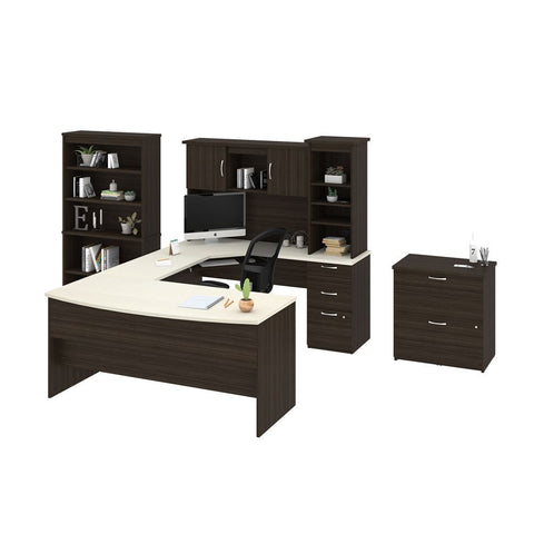 Bestar Outremont U or L-Shaped Desk, 1 Lateral File Cabinet, and 1 Bookcase in white chocolate