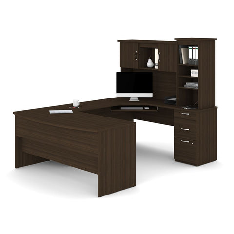 Bestar Outremont U or L-Shaped Executive Desk with Pedestal and Hutch in dark chocolate