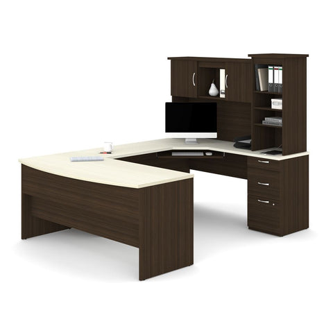 Bestar Outremont U or L-Shaped Executive Desk with Pedestal and Hutch in white chocolate