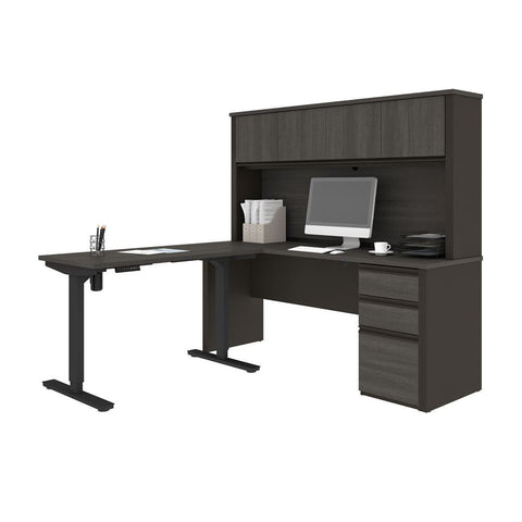 Bestar Prestige + 72W 2-Piece set including a standing desk and a desk with hutch in bark grey & slate