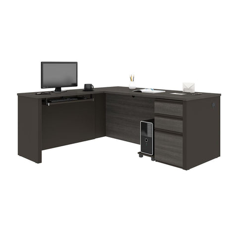 Bestar Prestige + 72W L-Shaped Desk with Pedestal in bark grey & slate