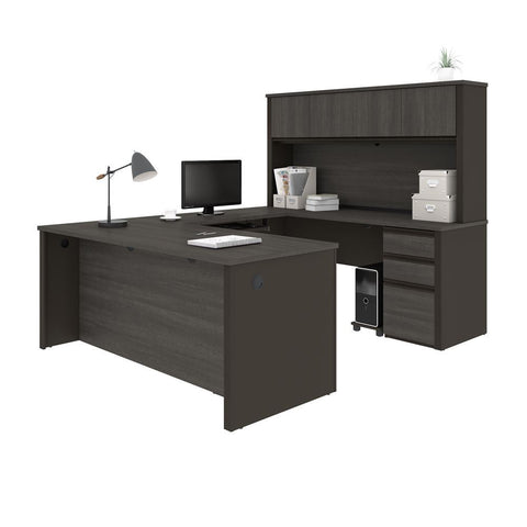 Bestar Prestige + 72W U-Shaped Executive Desk with Hutch and 2 Pedestals in bark grey & slate
