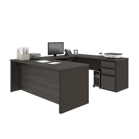 Bestar Prestige + 72W U-Shaped Executive Desk with Pedestal in bark grey & slate