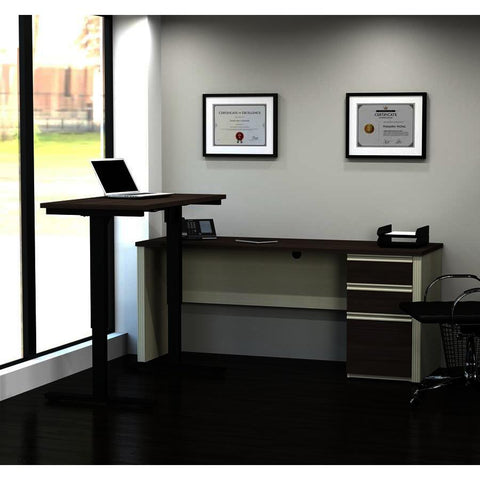 Bestar Prestige Plus L-Desk w/Electric Height Adjustable Table in White Chocolate & Antigua