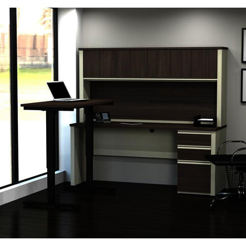 Bestar Prestige Plus L-Desk w/Hutch & Electric Height Adjustable Table in White Chocolate & Antigua